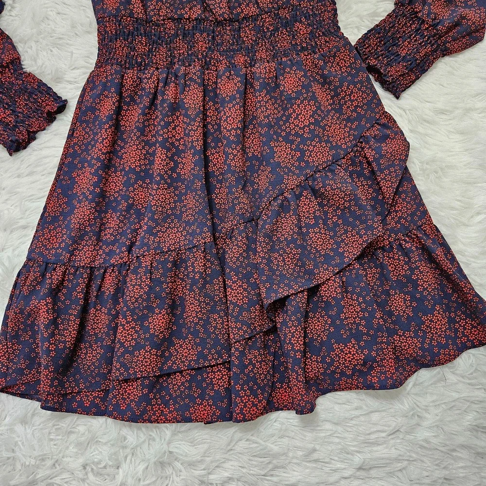 Michael Kors Navy Blue & Red Floral V-neck Long‎ Sleeve Layered Dress. Size P/2
